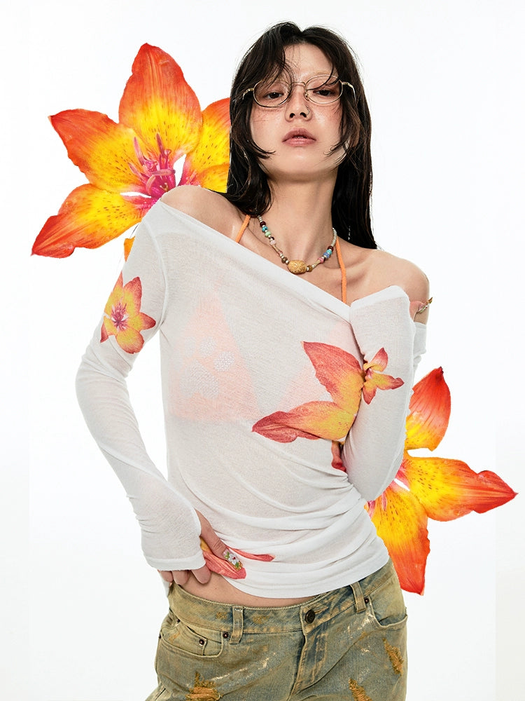 Off-shoulder Printed Slim Blouse Subtle Shimmer Blouse