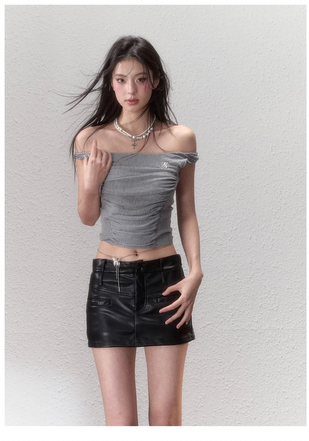 Cinched-Waist Pleated Off Shoulder Blouse Feminine Satin Blouse