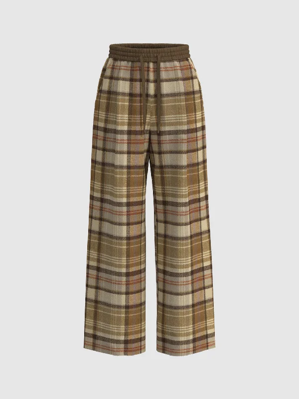 Drawstring Plaid Wide-Leg Pants Trendy Work Pants