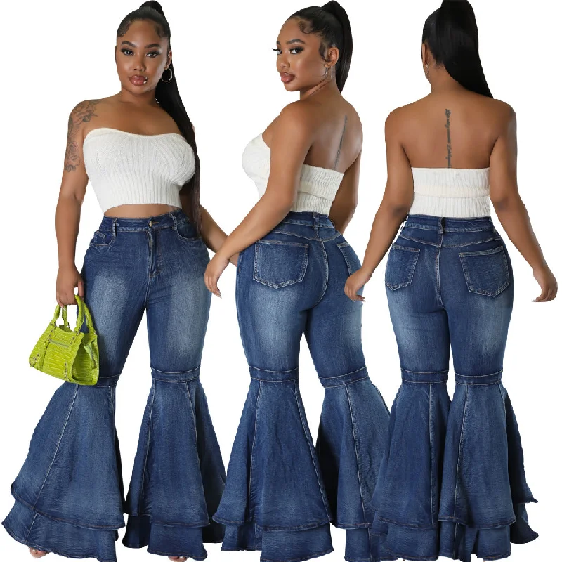 Wide Leg Washed Denim Bell-Bottom Pants (CL11307) Comfortable Pleated Pants