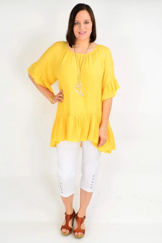 Mustard Yellow Cotton Tunic Blouse Silky Draped Blouse