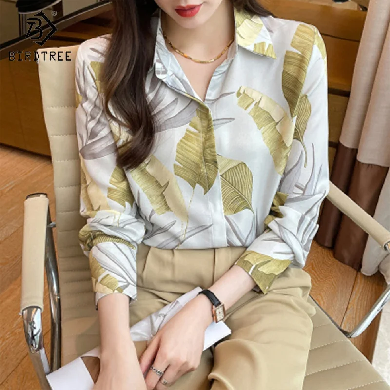 Real Shot 2022 Autumn New Blouses Fashion European and American Tropical Rainforest Printing Loose Long-Sleeved Shirts T28002X Polished Work Blouse