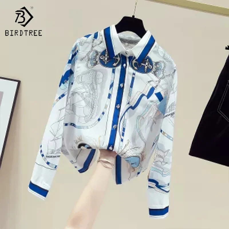 Women's Long Sleeve Shirts Elegant Creative Printed Casual Loose Blouses Chiffon Shirt Tops Autumn Spring Short Sleeve Blouse