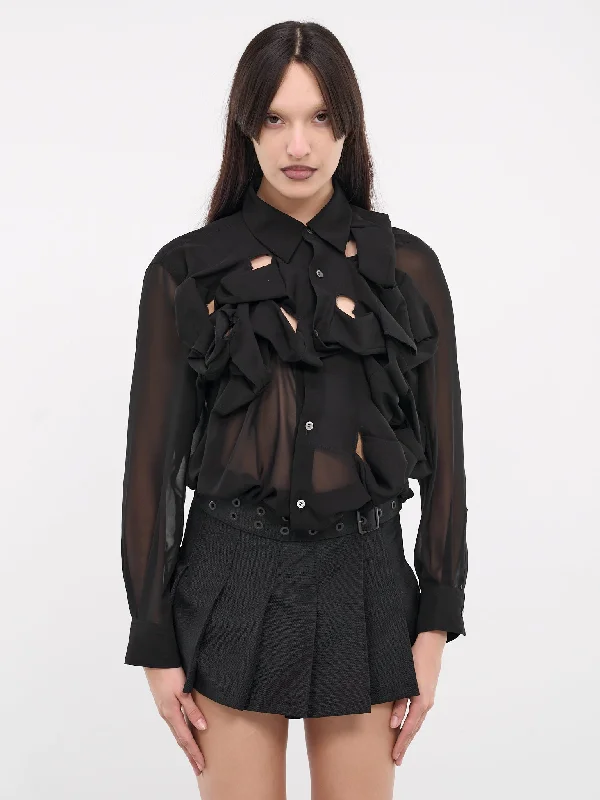 Ruffle Appliqué Blouse (GM-B003-051-BLACK) Embroidered Floral Blouse
