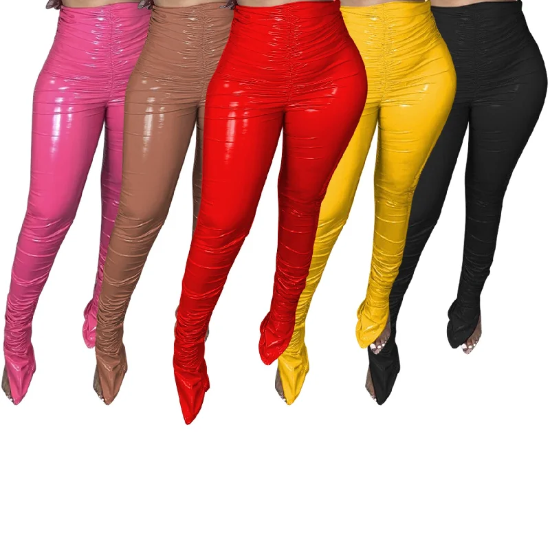 Crimp Slit Fleece-Lined PU Leather Pile Pants (CL11283) Trendy Palazzo Pants