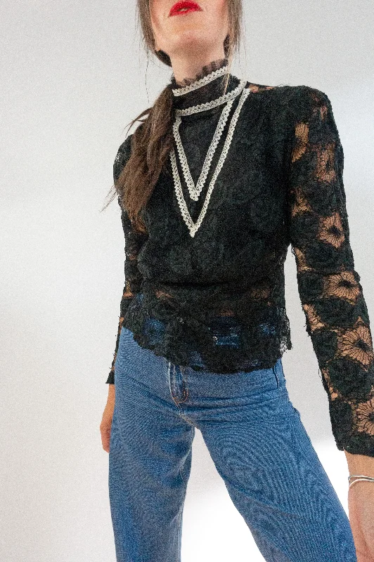 Victorian Ruffle Neck Sheer Black Lace Blouse Casual Relaxed Blouse