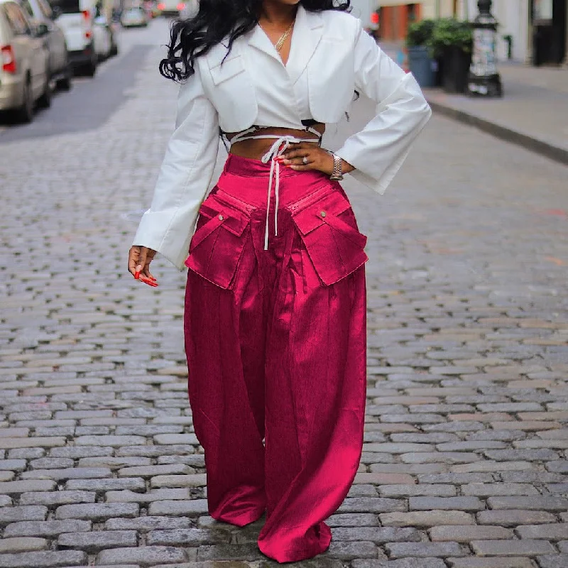 Solid color detachable three-dimensional pocket wide leg pants（CL12064）Need to wait Stylish Harem Pants
