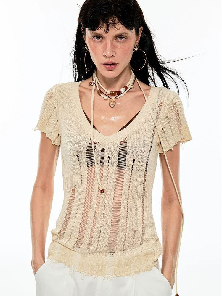 Distressed V-Neck Irregular Cover-Up Blouse Textured Cotton Blouse