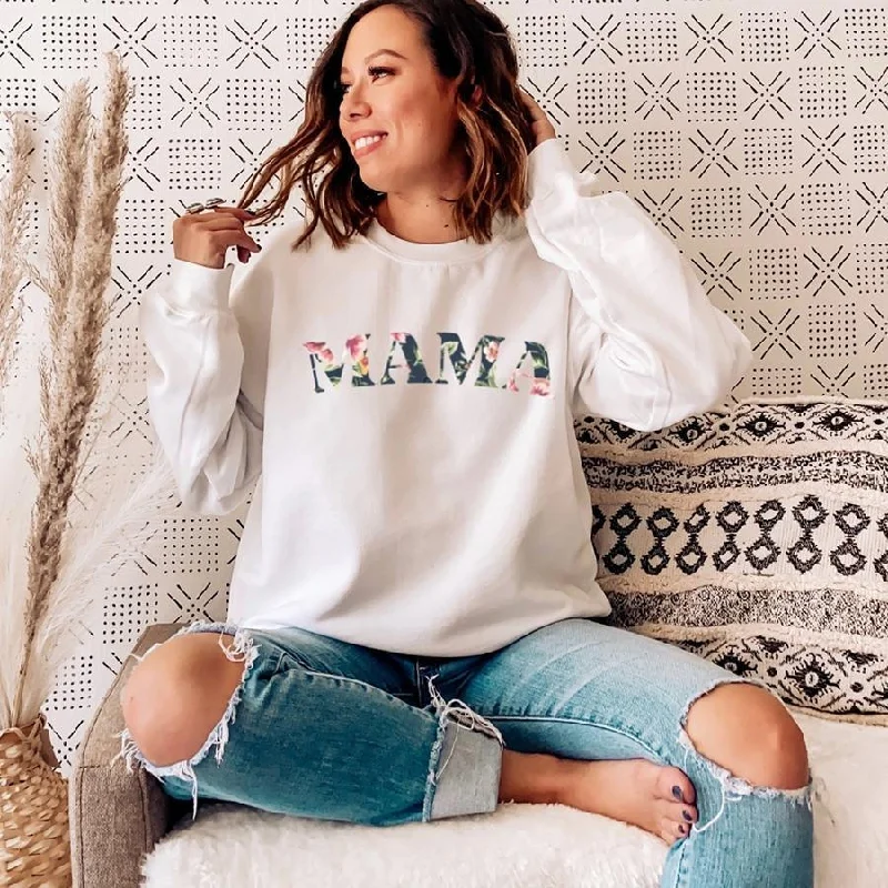 Mama Winter Floral Print Sweatshirt Hoodie with Distressed Vintage Worn