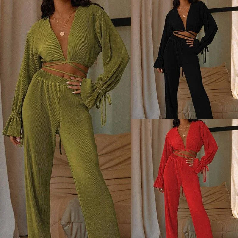 Solid Color Long Sleeves String Tie Top Long Pants ZL2053 High-Waist Jogger Pants
