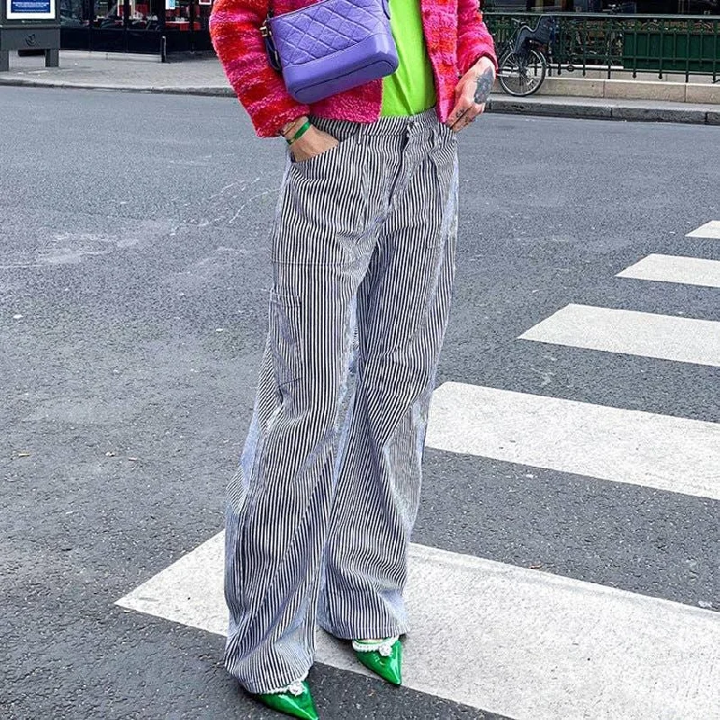Ladies Stripe Loose Wide-Leg Pockets Pants C-K8412 Classic Bootcut Trousers