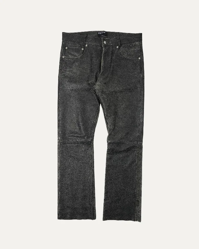 Repaired Raw Hem Leather Flare Pants Relaxed Fit Trousers