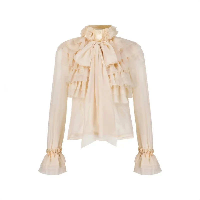 Ruffled Chiffon Blouse Ruched Sleeve Blouse
