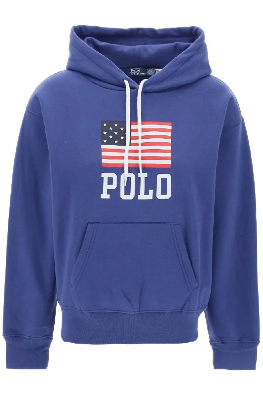 Hooded Sweatshirt With Flag Print  - Blue Hoodie with Camouflage Military Edgy