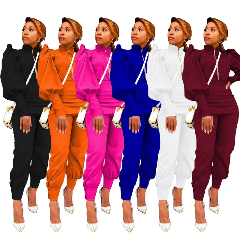 Solid puff sleeve zippered high-rise pants 2PC set (CL12056) Cozy Jogger Leggings