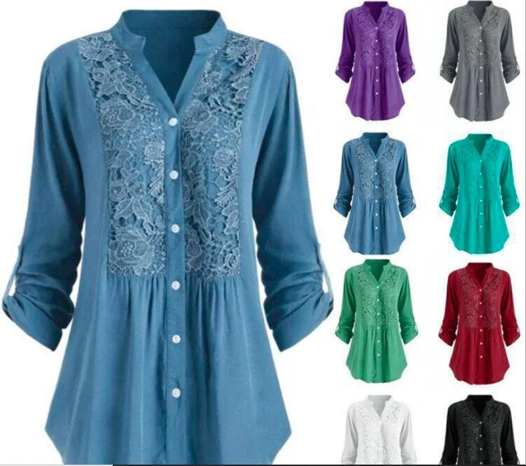 New Blouse European And American Women's Long Sleeves V Collar Shirt large Size lace Shirt Women's Blouses With Collars Semi-Sheer Blouse New Blouse European And American Women's Long Sleeves V Collar Shirt large Size lace Shirt Women's Blouses With Collars Semi-Sheer Blouse