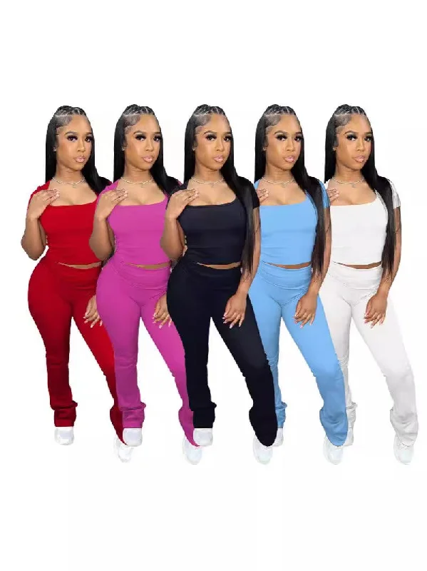 Pit strip U-neck short sleeve flanging pants 2pc  set(CL12137) Cozy Full-Length Pants