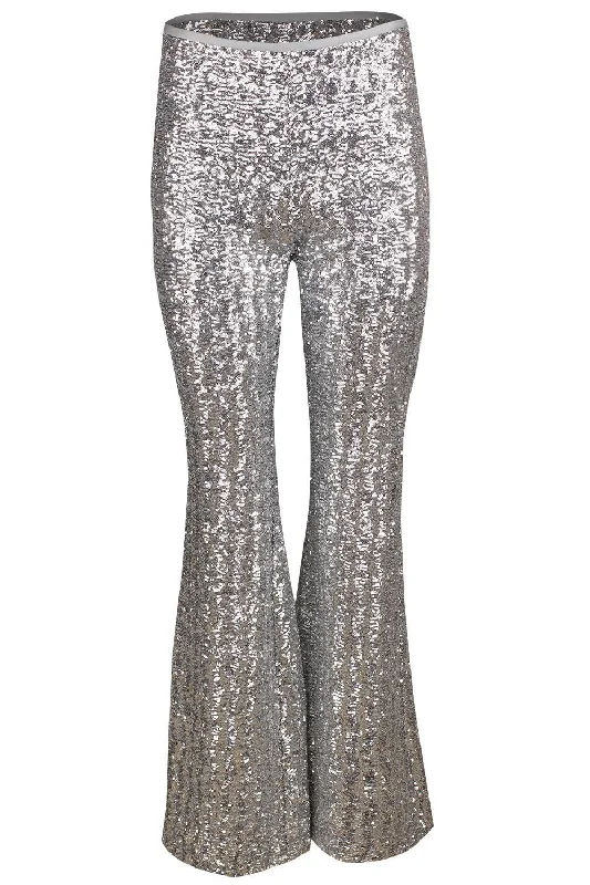 Side Zip Sequin Flare Pant - Silver Trendy High-Waist Trousers