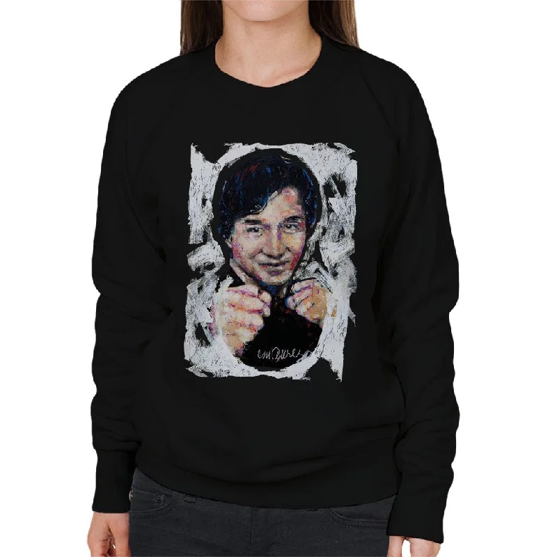 Sidney Maurer Original Portrait Of Jackie Chan Women's Sweatshirt Hoodie with Hem Embroidery Detailed Premium Sidney Maurer Original Portrait Of Jackie Chan Women's Sweatshirt Hoodie with Hem Embroidery Detailed Premium