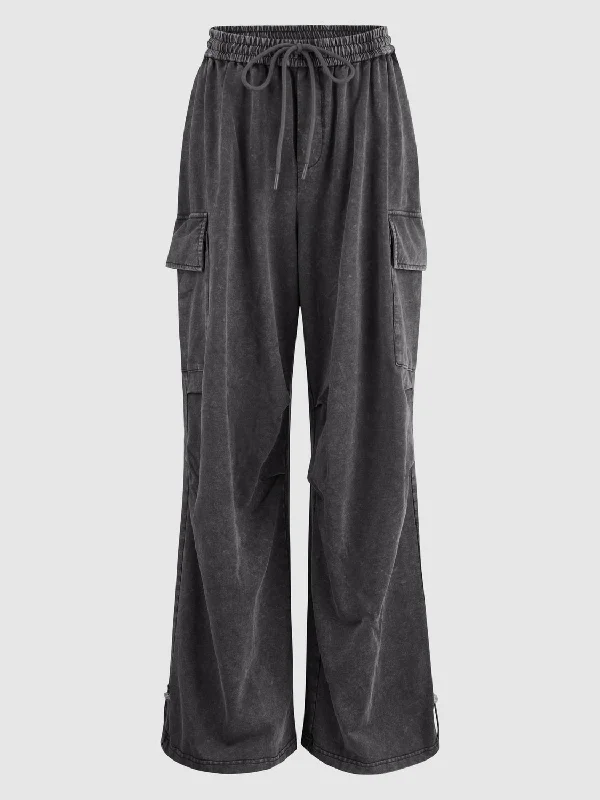 Elastic Flap Pocket Wide-Leg Pants Fashionable Tapered Leg Pants