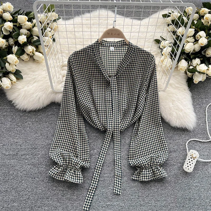 Chic Houndstooth Bandage Bow Neck Blouse Lady Elegant Long Sleeve Office Shirts Tops For Women Top Fashionable Boho Chic Blouse Chic Houndstooth Bandage Bow Neck Blouse Lady Elegant Long Sleeve Office Shirts Tops For Women Top Fashionable Boho Chic Blouse