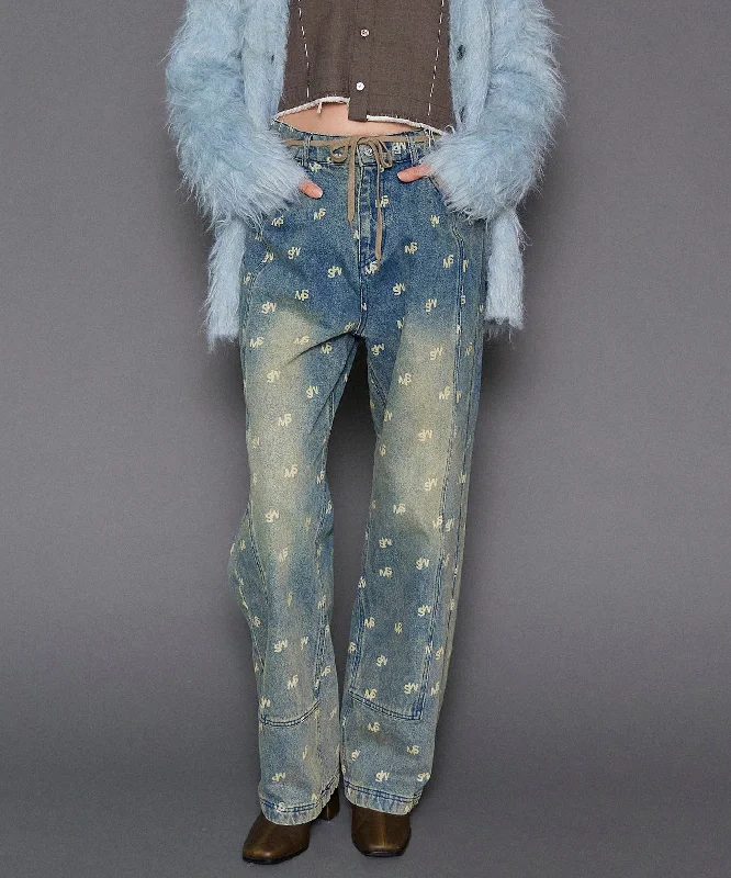 Monogram Print Denim Pants Stylish Casual Pants