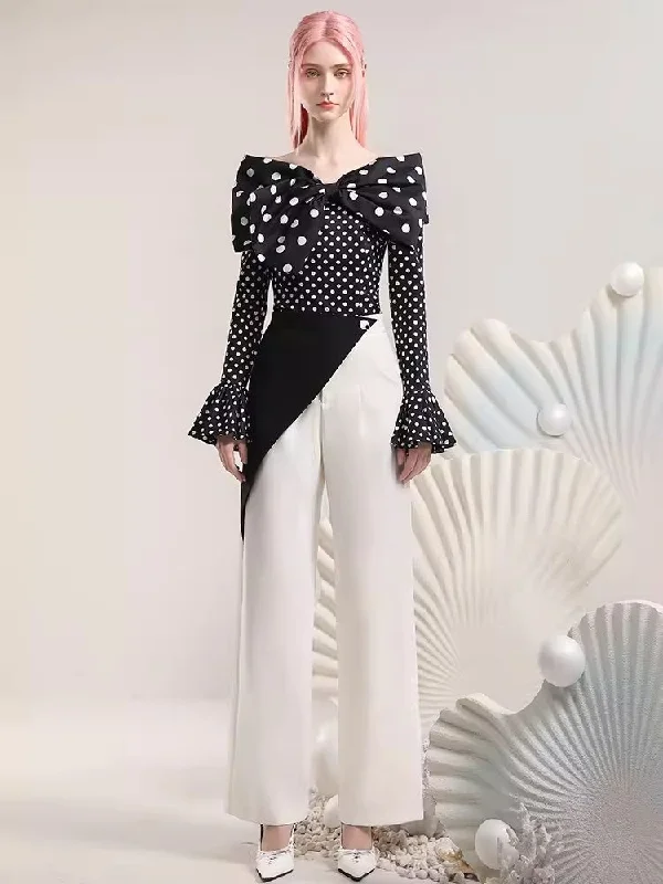 Polka Dot Top Irregular Color Blocking Wide Leg Pants Set【s0000006831】 Classic Flared Pants