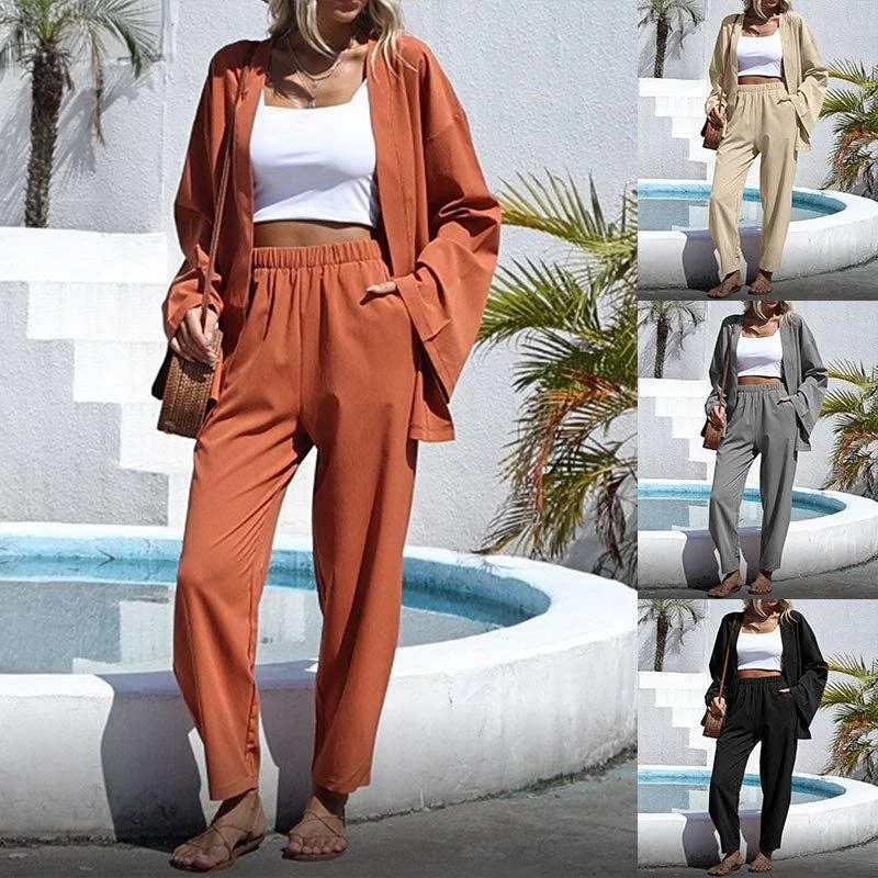 Ladies Solid Color Long Sleeves Pants 2PCS Set XF2789 Comfortable Fleece Pants