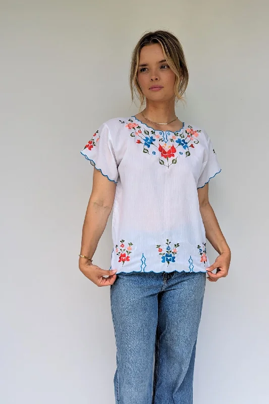 Vintage Mexican Embroidered Boho Blouse Feminine Pastel Blouse