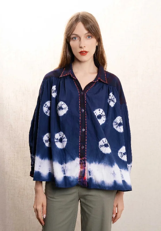 Blouse 1365tie Bleu-Checks Double-Layered Blouse