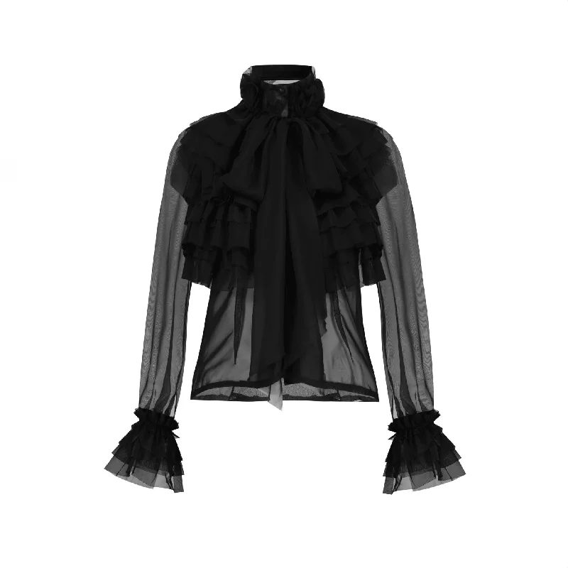 Ruffled Chiffon Blouse Satin Long Blouse
