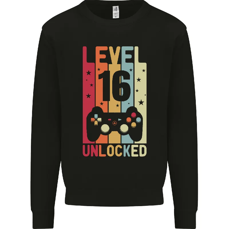16th Birthday 16 Year Old Level Up Gaming Mens Sweatshirt Jumper Hoodie with Hem Raw Edge Edgy Unfinished
