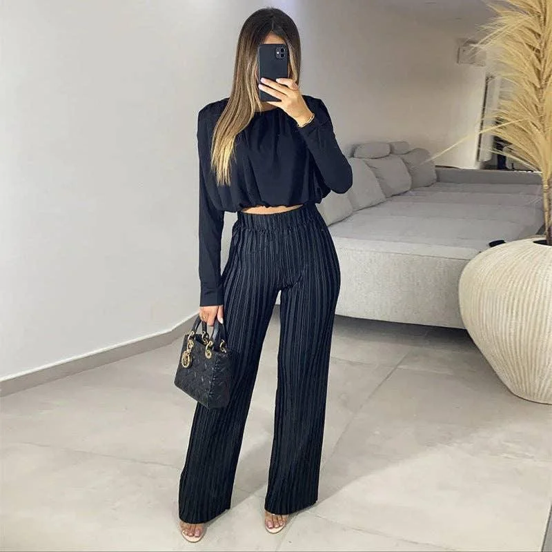 Long Sleeves Short Top High Waist Pants Ladies Set HK3009 Classic Bootcut Trousers