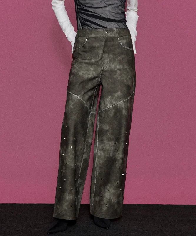 【SALE】Studs Vegan Leather Straight Pants Fashionable Jogger Pants