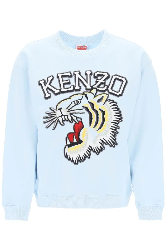 Tiger Varsity Crew-neck Sweatshirt - Light Blue Hoodie with Hem Patch Decorative Personalized Tiger Varsity Crew-neck Sweatshirt - Light Blue Hoodie with Hem Patch Decorative Personalized