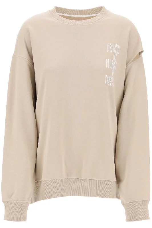 Crewneck Sweatshirt With Side Cut  - Beige Hoodie with Rolled Sleeves Casual Relaxed