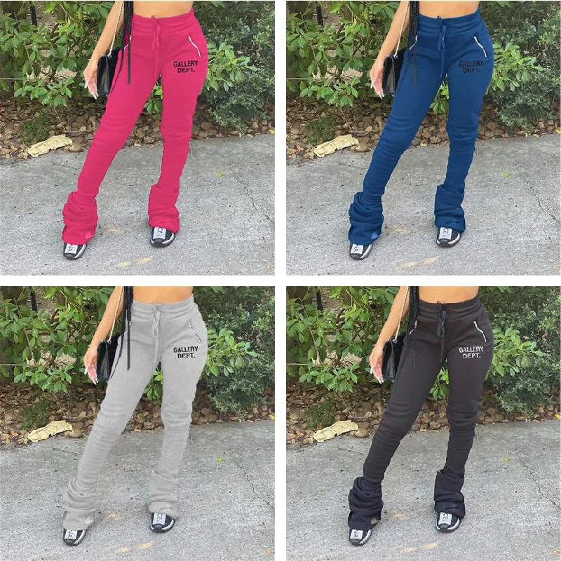 Letter Printed Drawstring Ruffle Stacking Pants (CL11157) Trendy Tapered Pants