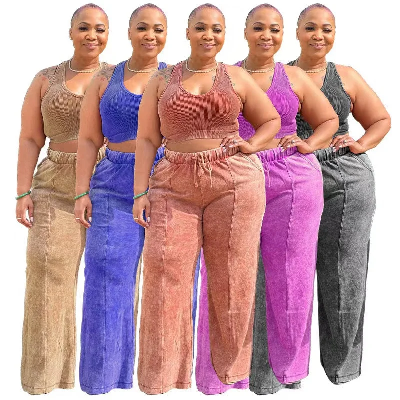 Sleeveless open waist top elastic waist wide-leg pants 2pc set(CL12143) Comfortable Jogging Pants