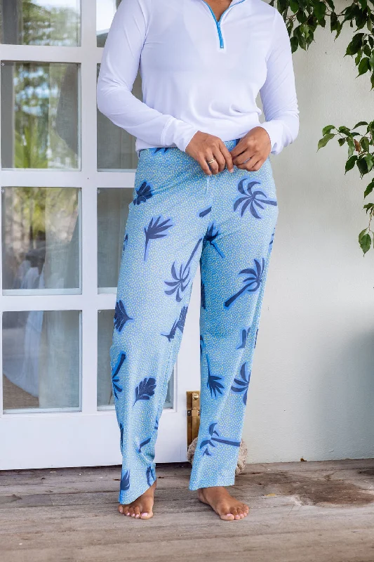 Wide Leg UPF50 Pant - Blue Palm Print Comfortable Wide-Leg Pants