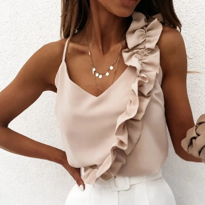 Women Summer Blouse Shirts Sexy V Neck Ruffle Blouses Backless Spaghetti Strap Office Ladies Sleeveless Casual Tops Classic Striped Blouse Women Summer Blouse Shirts Sexy V Neck Ruffle Blouses Backless Spaghetti Strap Office Ladies Sleeveless Casual Tops Classic Striped Blouse