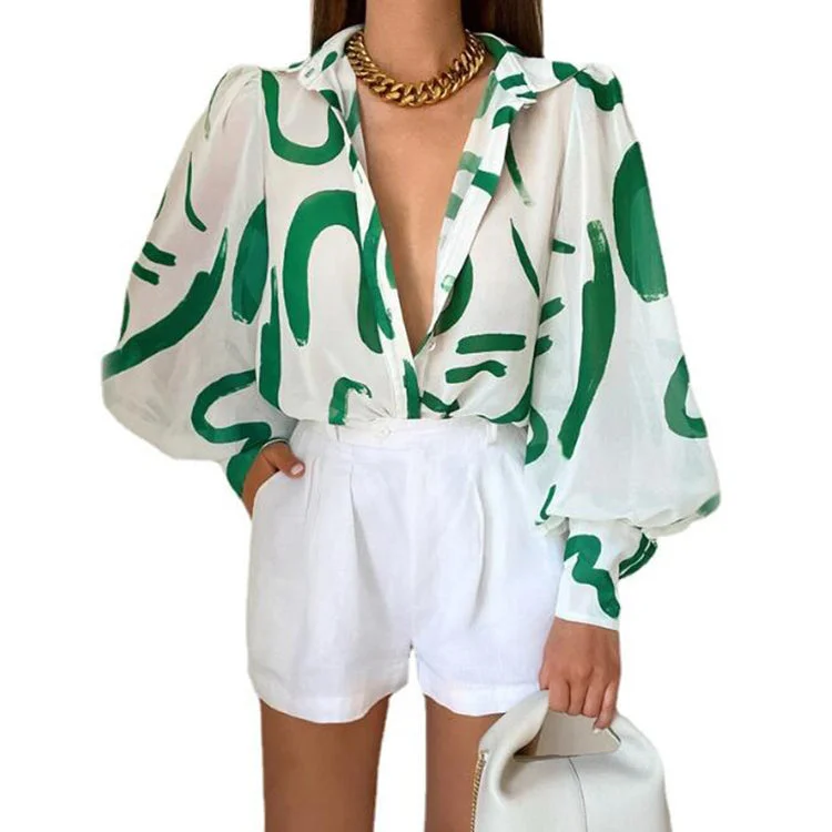 Fashion Lapel Single-breasted Loose Blouse Autumn Tulle Long Lantern Sleeve Shirts Women Elegant Print Tops Blouse Drape Neck Blouse Fashion Lapel Single-breasted Loose Blouse Autumn Tulle Long Lantern Sleeve Shirts Women Elegant Print Tops Blouse Drape Neck Blouse