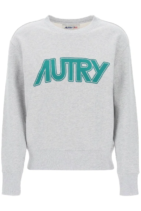 Sweatshirt With Maxi Logo Print  - Grey Hoodie with Zipper Placket Modern Functional
