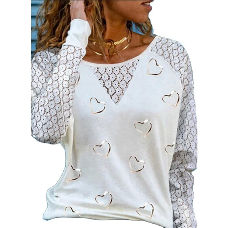 Heart Lace Splicing Raglan Sleeve O-Neck Blouse Bell Sleeve Blouse