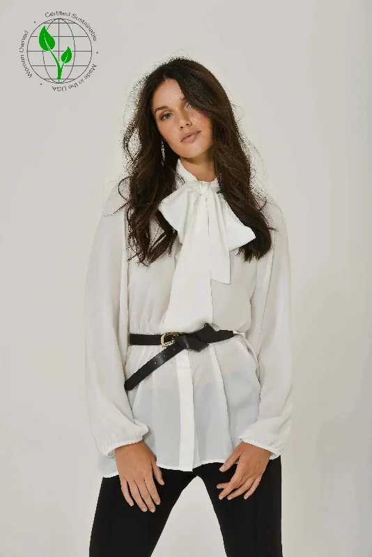 White Long Sleeve Mandarin Blouse w/ Removable Bow Relaxed Fit Blouse