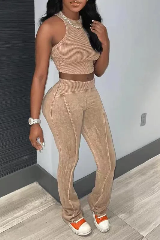 Stitching Printing Distressed 2PC Set Vest Pants Female (CL11905) High-Waist Trousers