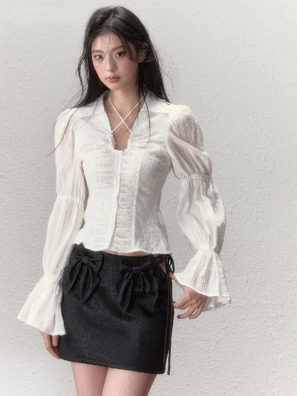 Sheer Puff Sleeve Drawstring Sun Protection Blouse Stretchy Fitted Blouse