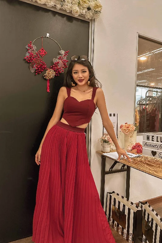 Alika Pleated Chiffon Pants in Red Trendy Tapered Pants