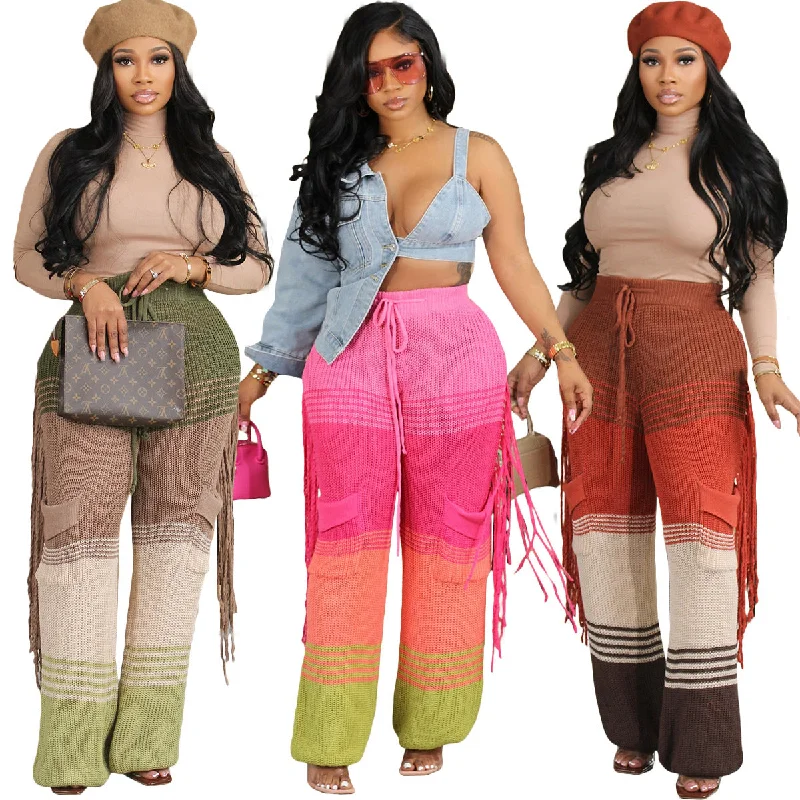 Casual knit colour-block hand-hooked tassels for loose straight-leg pants（CL12011） Casual Track Pants