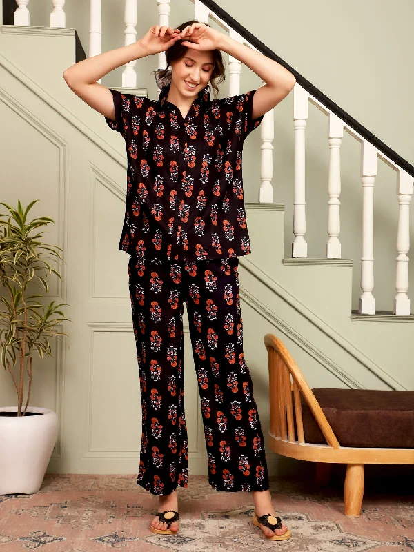 Women Black Night Suit and Pant Casual Wide Pants