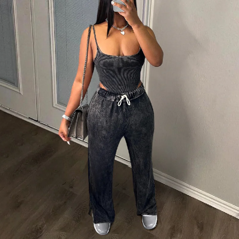 Sling Pit Top Elastic Waist Split Wide Leg Pants Set（CL12059） Soft Stretch Pants